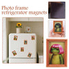 Photo frame refrigerator magnets featuring various wooden frog faces and hair styles