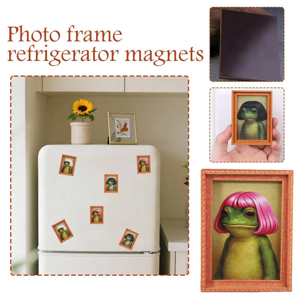 Photo frame refrigerator magnets featuring various wooden frog faces and hair styles