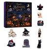 A Halloween themed advent calendar featuring various spooky resin figurines including a witch, ghosts, skulls, and bats.