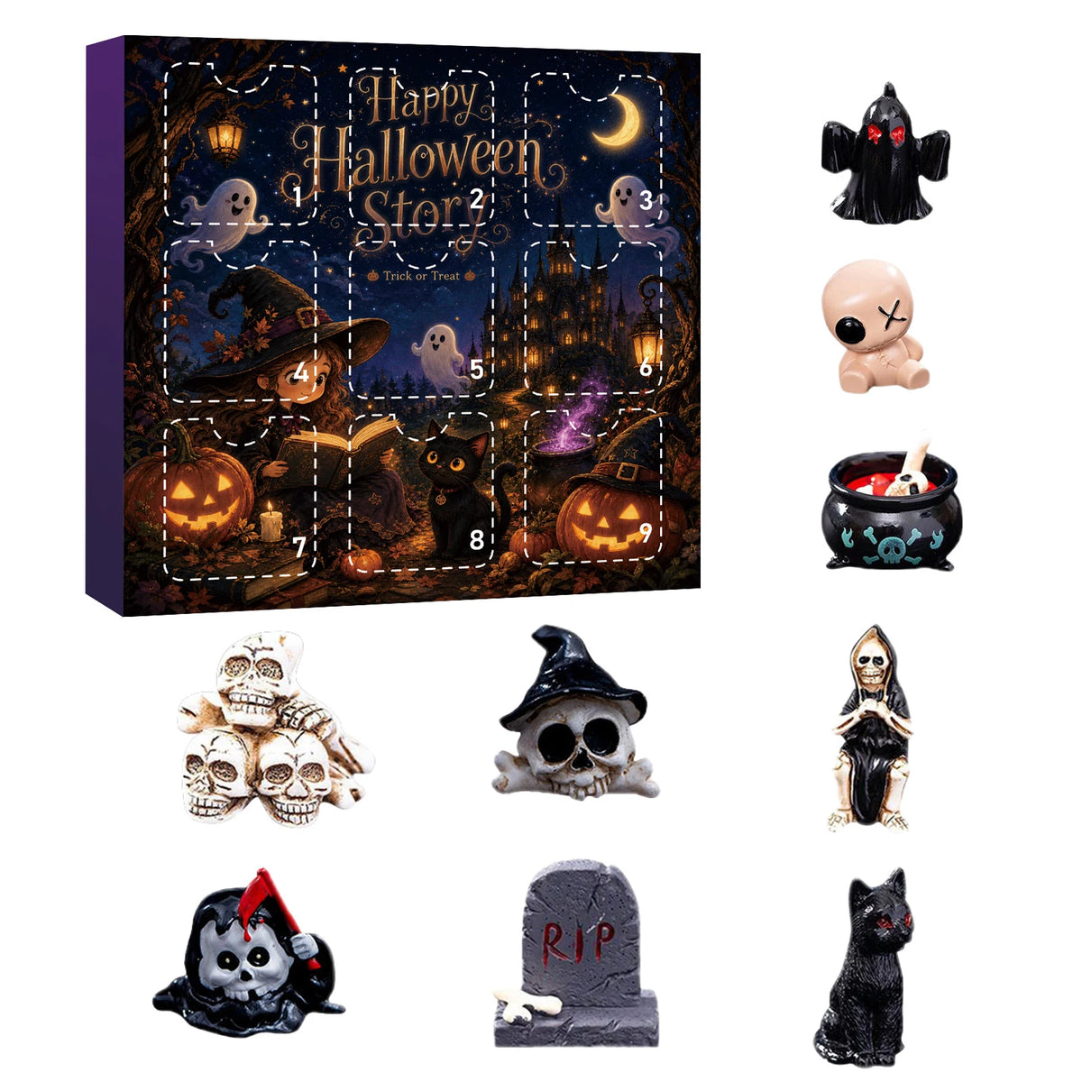 A Halloween themed advent calendar featuring various spooky resin figurines including a witch, ghosts, skulls, and bats.