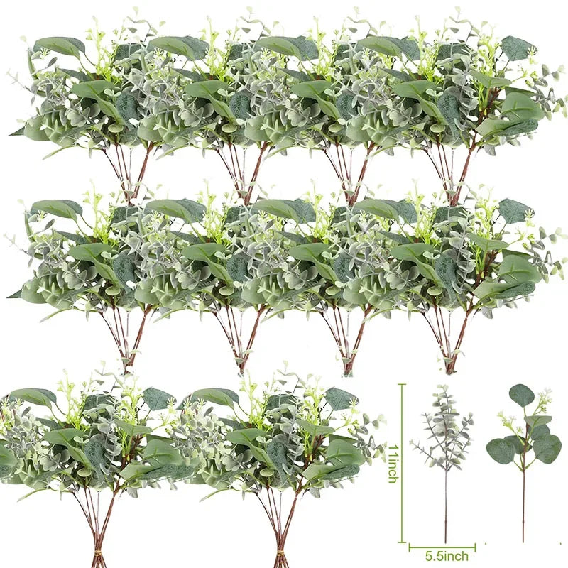 A set of artificial eucalyptus stems with silvery-green leaves and small white flowers for floral arrangements.