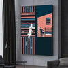Abstract space canvas art poster featuring vertical stripes of blue, red, and black against a teal background.