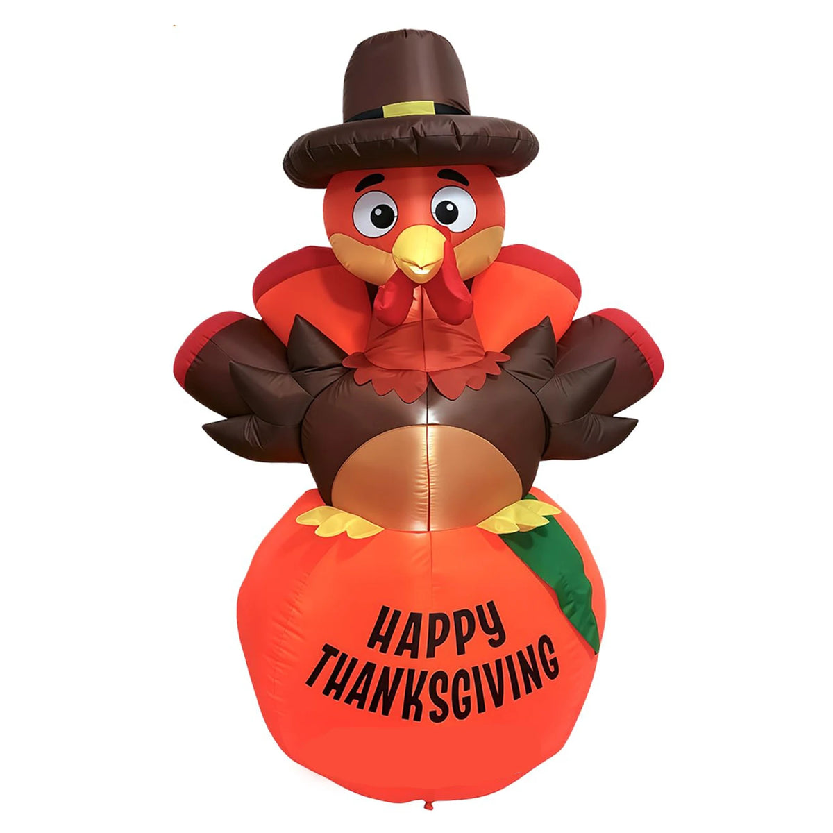 A large inflatable pumpkin turkey with a brown hat and red feathers, designed for Thanksgiving.
