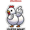 A white chicken charm with red comb and yellow feet, featuring a question mark text.
