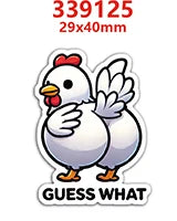 A white chicken charm with red comb and yellow feet, featuring a question mark text.