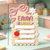 A personalized wooden sign for Emma featuring a daisy bow and sections for her first day details.