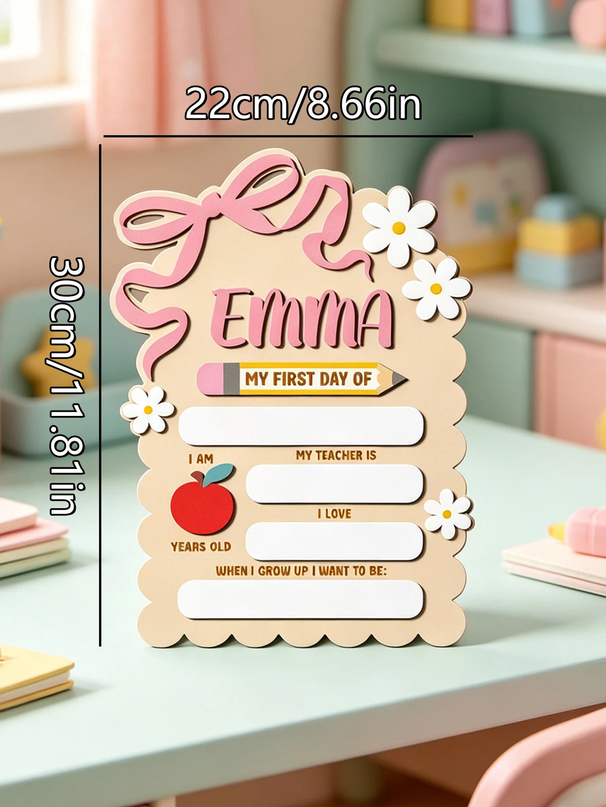 A personalized wooden sign for Emma featuring a daisy bow and sections for her first day details.
