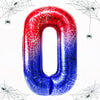 A large foil balloon shaped like the number zero in red and blue, surrounded by spider webs.