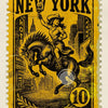 A vintage yellow postage stamp featuring a silhouette of a cowgirl riding a horse and the text NEW YORK.