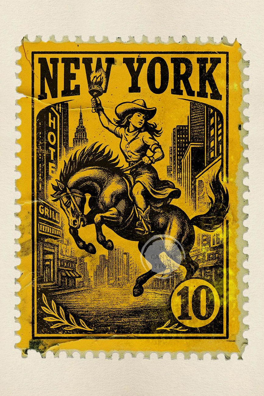 A vintage yellow postage stamp featuring a silhouette of a cowgirl riding a horse and the text NEW YORK.
