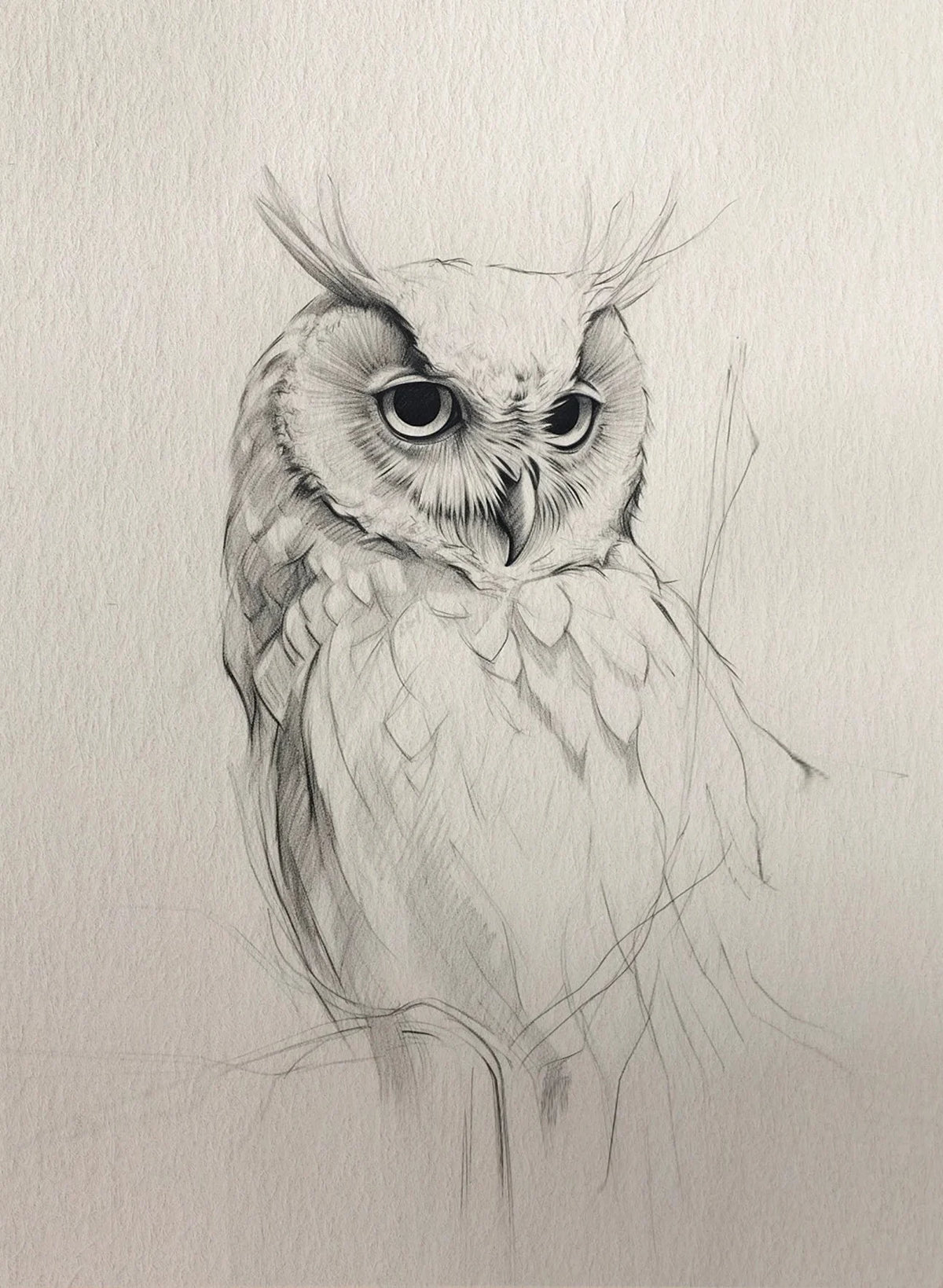 A detailed pencil drawing of an owl with large eyes and feathered wings on light gray paper.