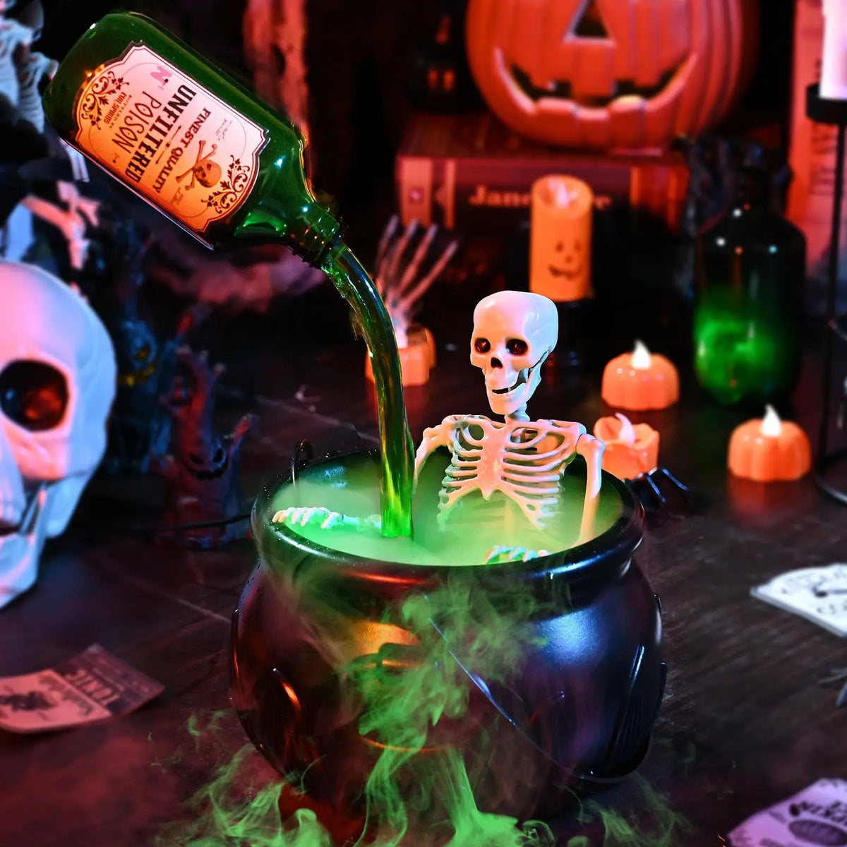A dark cauldron filled with glowing green liquid and surrounded by fog mist, set in a Halloween theme.