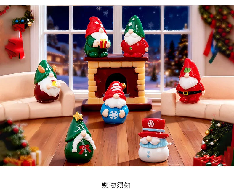 A festive resin Christmas dwarf figurine set featuring Santa and snowmen figures displayed in a living room setting.