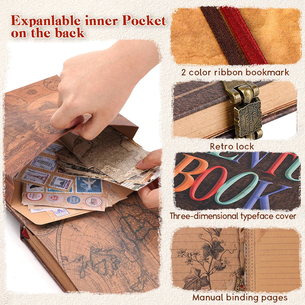 A vintage DIY scrapbook photo album showing an expandable inner pocket, a ribbon bookmark, a retro lock, a typeface cover, an