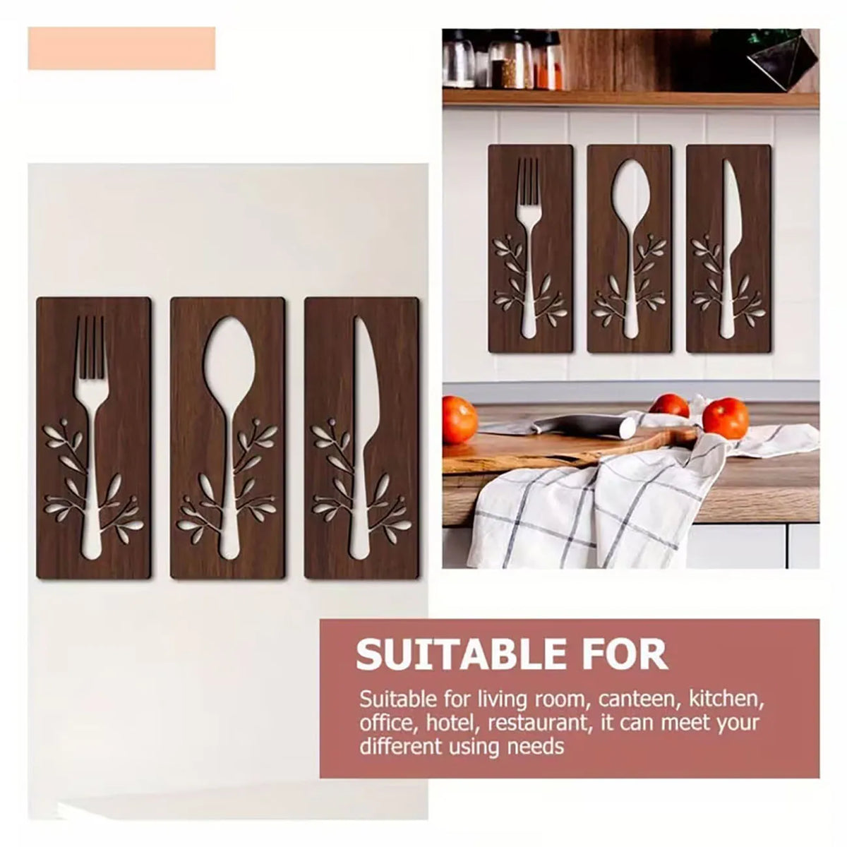 A set of three wooden cutlery pieces, including a fork, spoon, and knife, displayed as wall decor.