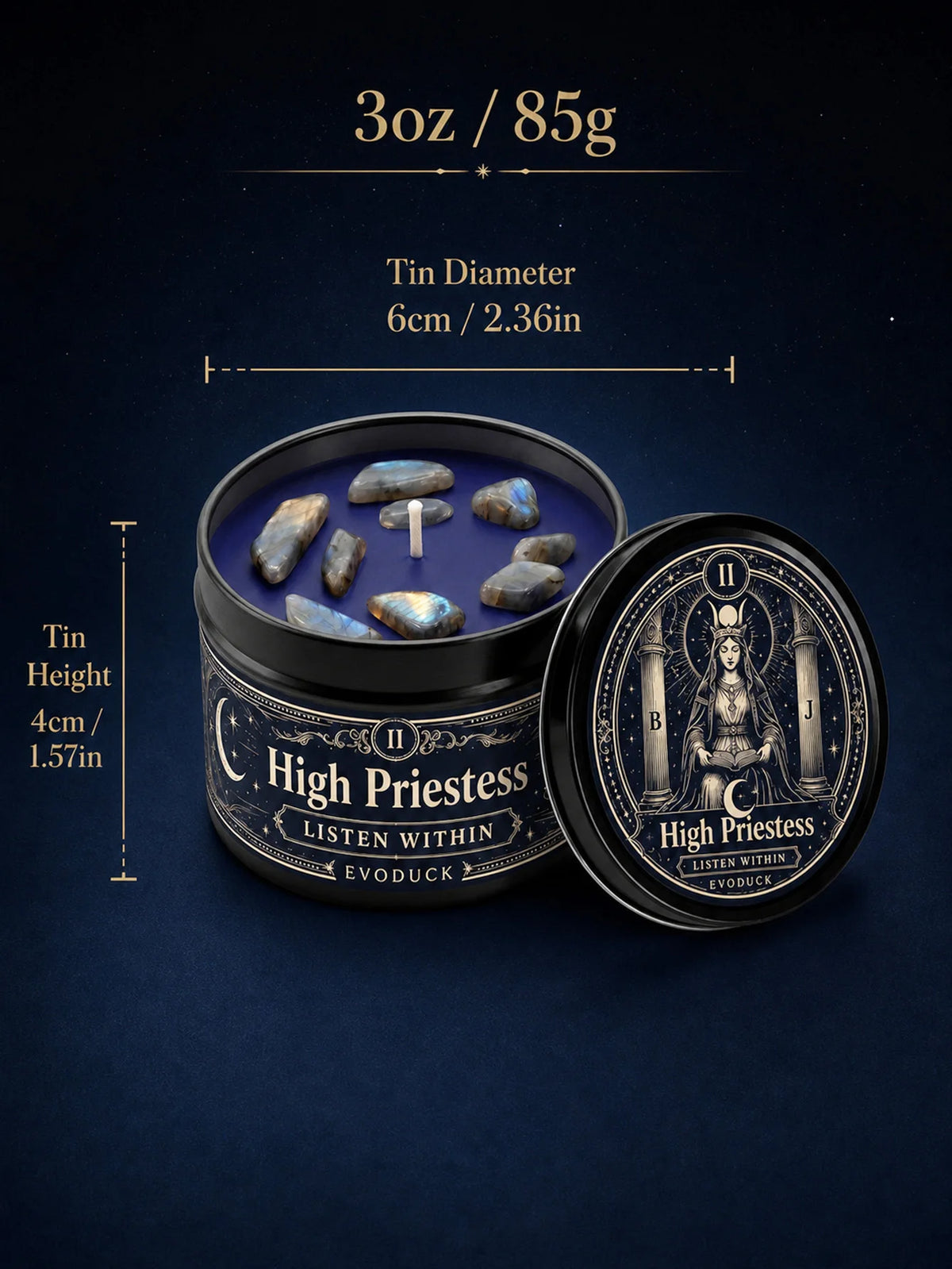 A tin candle jar labeled High Priestess containing blue crystal stones and wax.