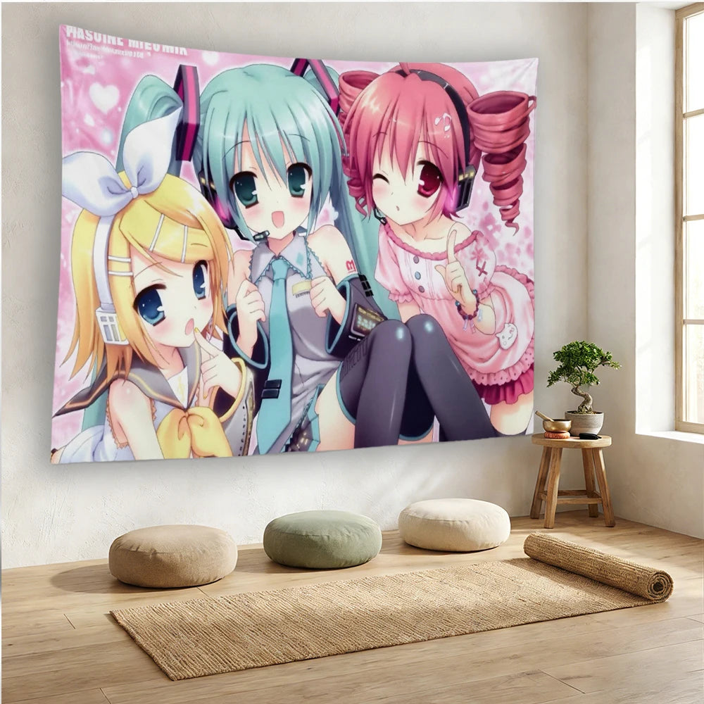 Vocaloid anime tapestry featuring Hatsune Miku and friends in vibrant colors