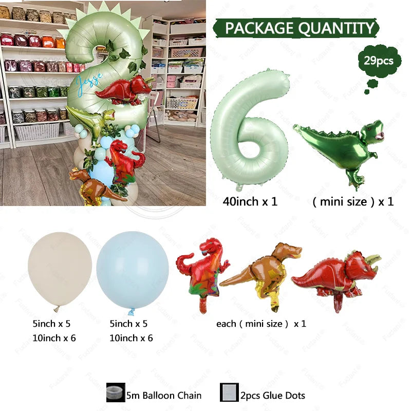 Set von grünen und roten Dinosaurierballons, darunter ein großes Sechs und kleine Dinosaurierformen.