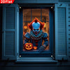 A terrifying clown face with red hair is visible through a window decorated with an orange pumpkin and spider web design.