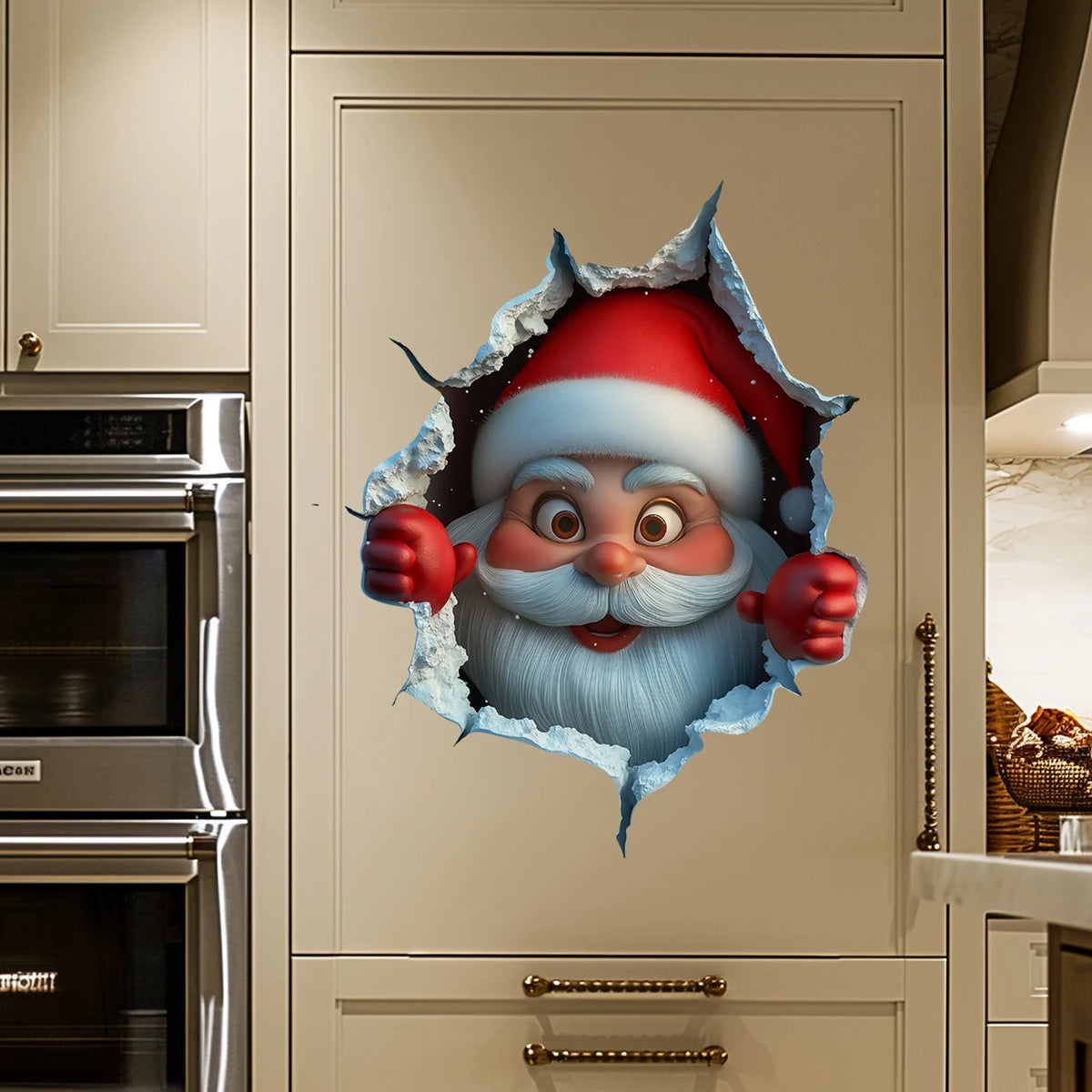 Festive Christmas Santa wall decal featuring a smiling white beard and red hat on a light beige cabinet door.