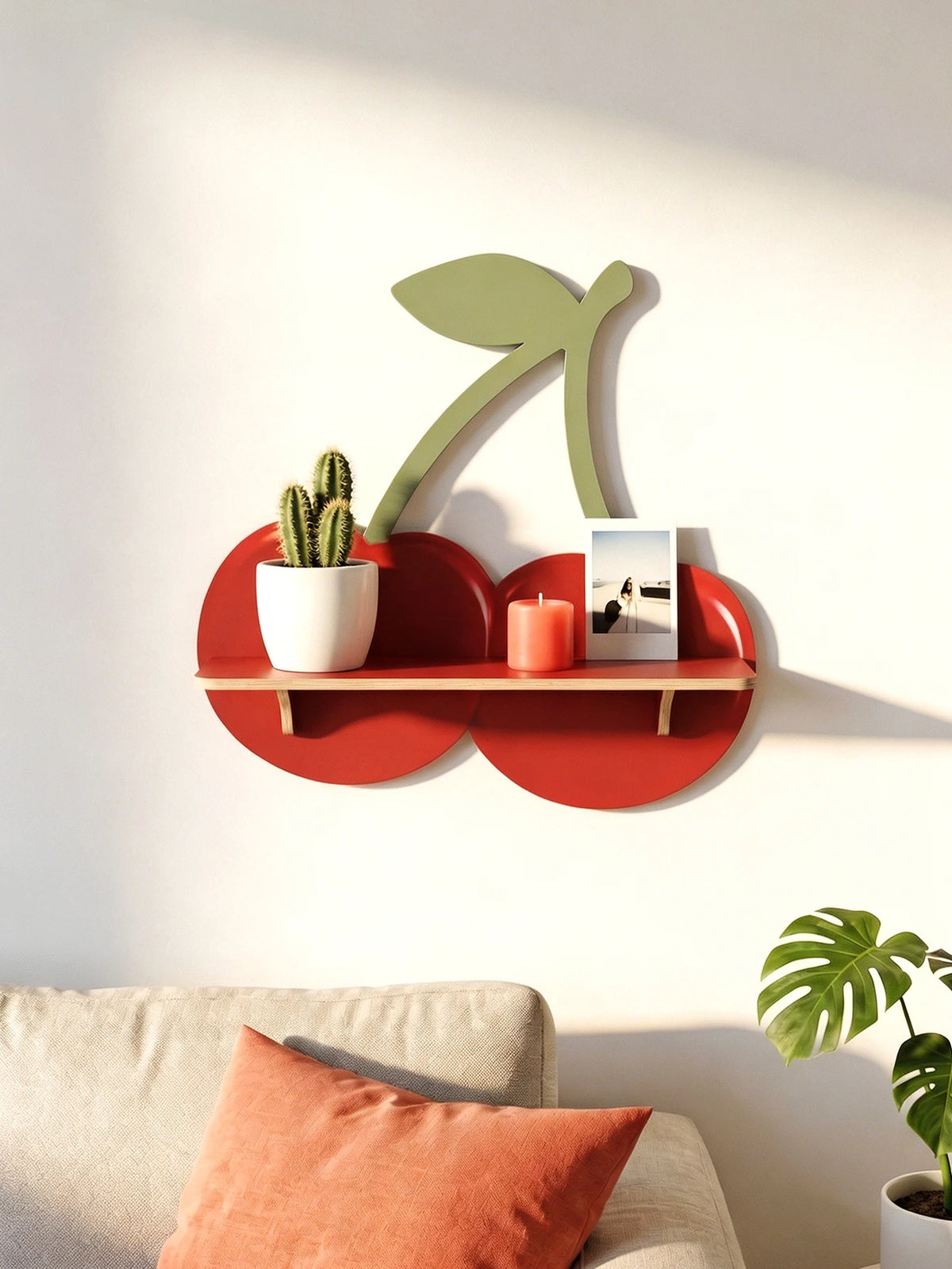 A wooden wall shelf shaped like a stylized olive branch in muted green mounted on a white wall.