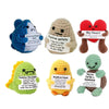 A set of five handmade plush knitting dolls featuring various emotions and themes like a shark heart and dinosaur.