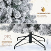 Close-up view of a flocked artificial Christmas tree branch tips and a sturdy black stand for holiday decorations