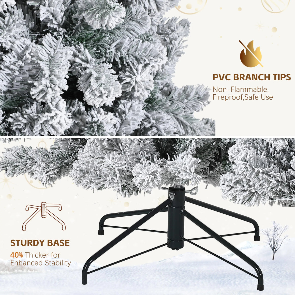 Close-up view of a flocked artificial Christmas tree branch tips and a sturdy black stand for holiday decorations