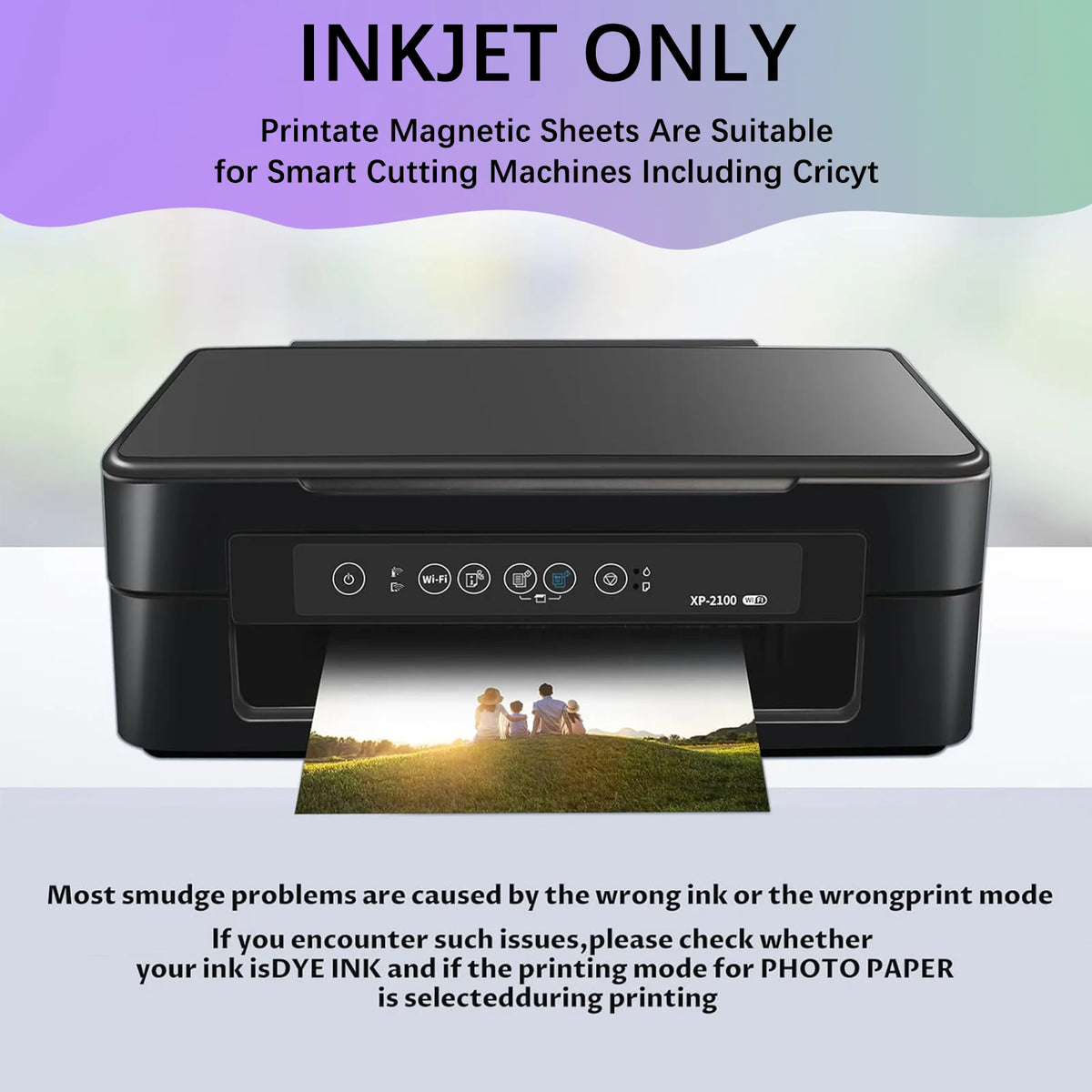 An Inkjet Only printer is shown with magnetic sheets, illustrating suitability for smart cutting machines.