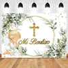 A white backdrop featuring a gold wreath, a cross, and a baby, suitable for baptism or communion photography.