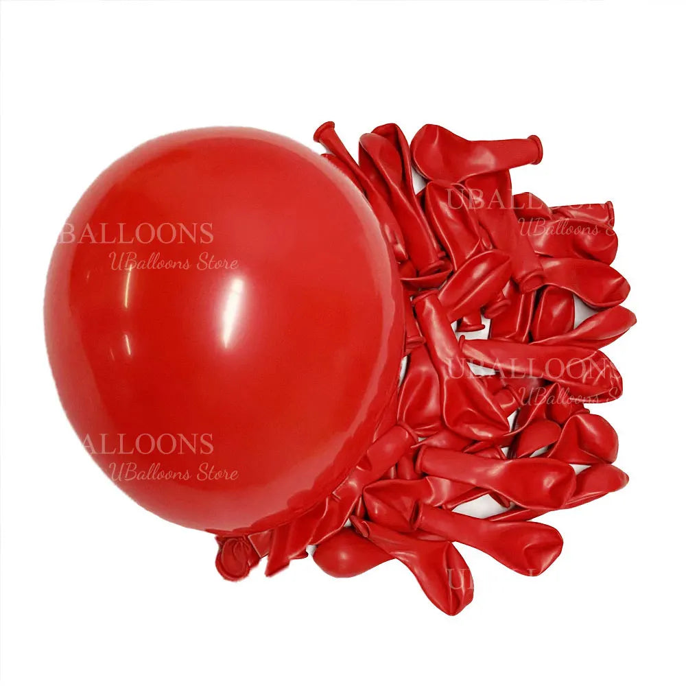 A cluster of deep burgundy latex balloons is shown next to a large red balloon.