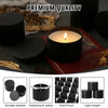 A set of black metal candle tins with lids, showing durability and rust-proof features.