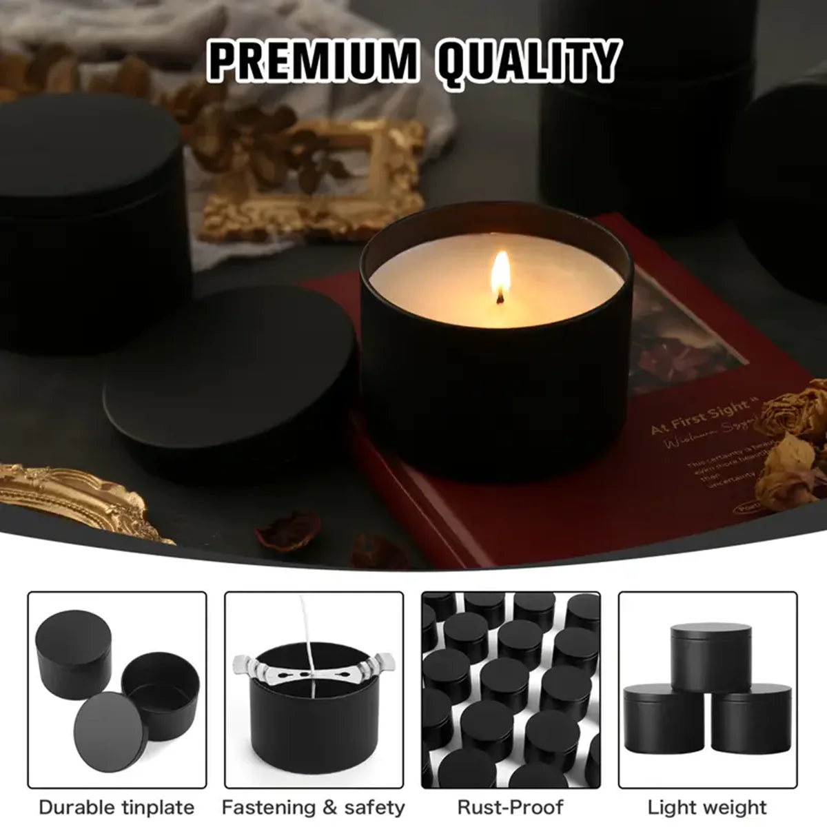 A set of black metal candle tins with lids, showing durability and rust-proof features.