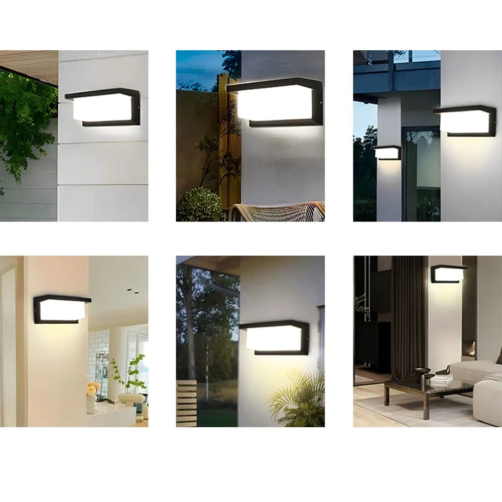 A collection of vintage LED rectangle wall sconces shown in various indoor and outdoor architectural settings.