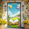 A vibrant floral and yellow sunflower arrangement framing an open book backdrop banner for events.