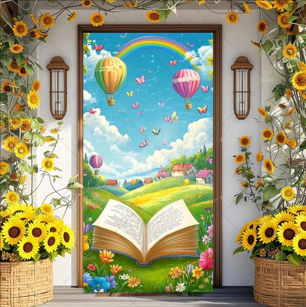 A vibrant floral and yellow sunflower arrangement framing an open book backdrop banner for events.