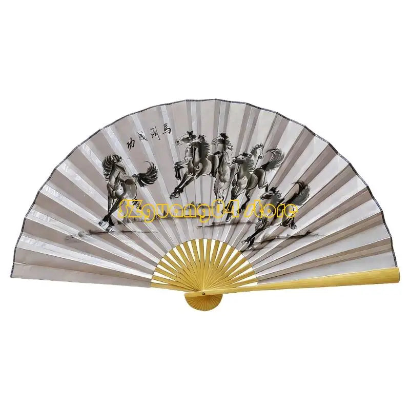Large decorative Chinese theme wall fan with striped paper and gold accents