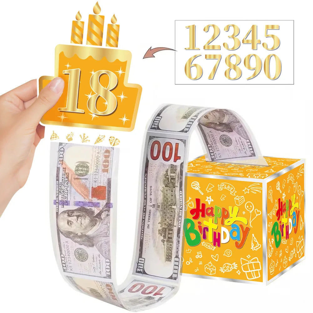 A hand holds a gold birthday candle number 18 and a roll of money ribbon with dollar bills.