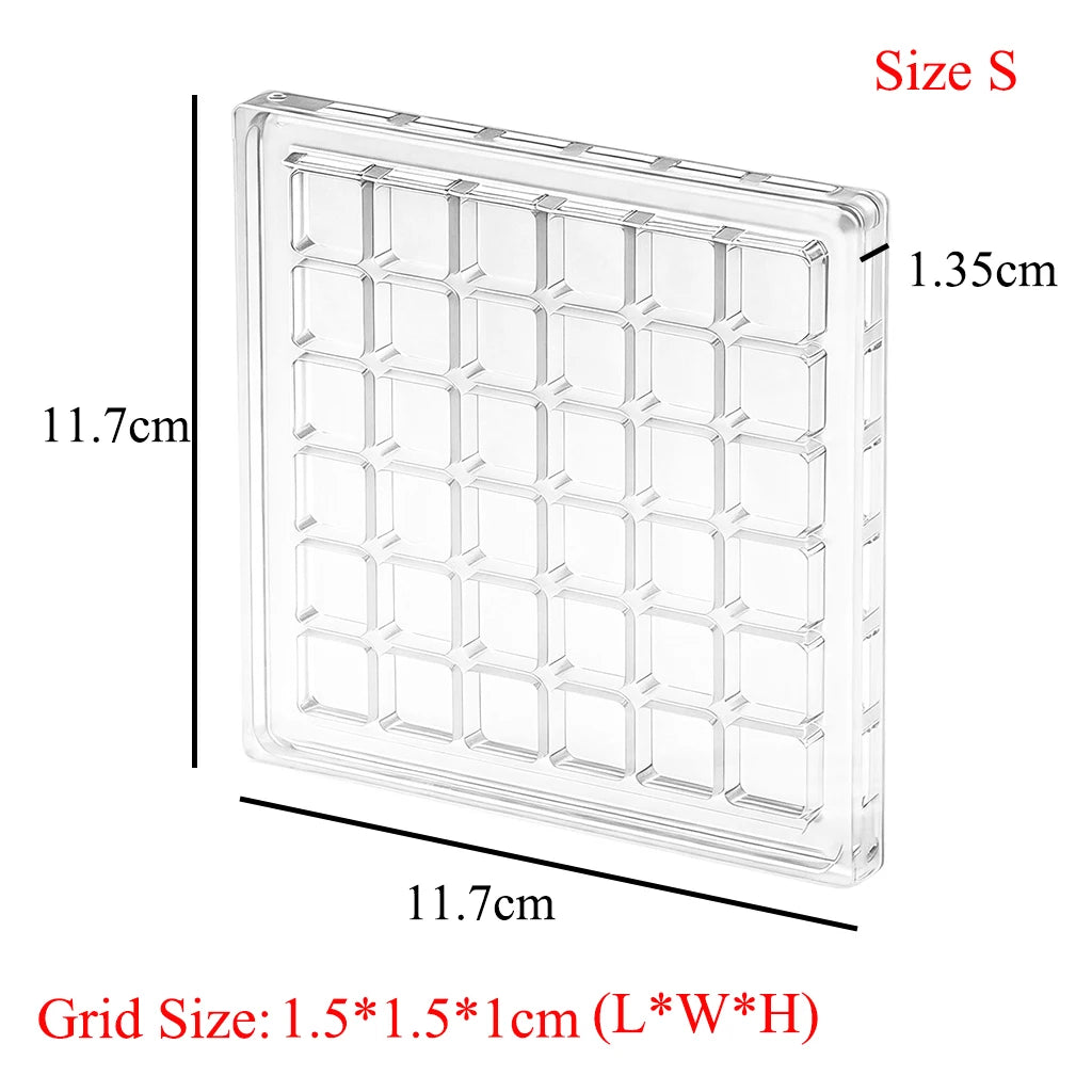 Clear acrylic grid display box with a 1.5x1.5x1cm grid size and a Size S dimension of 11.7cm by 1.35cm.