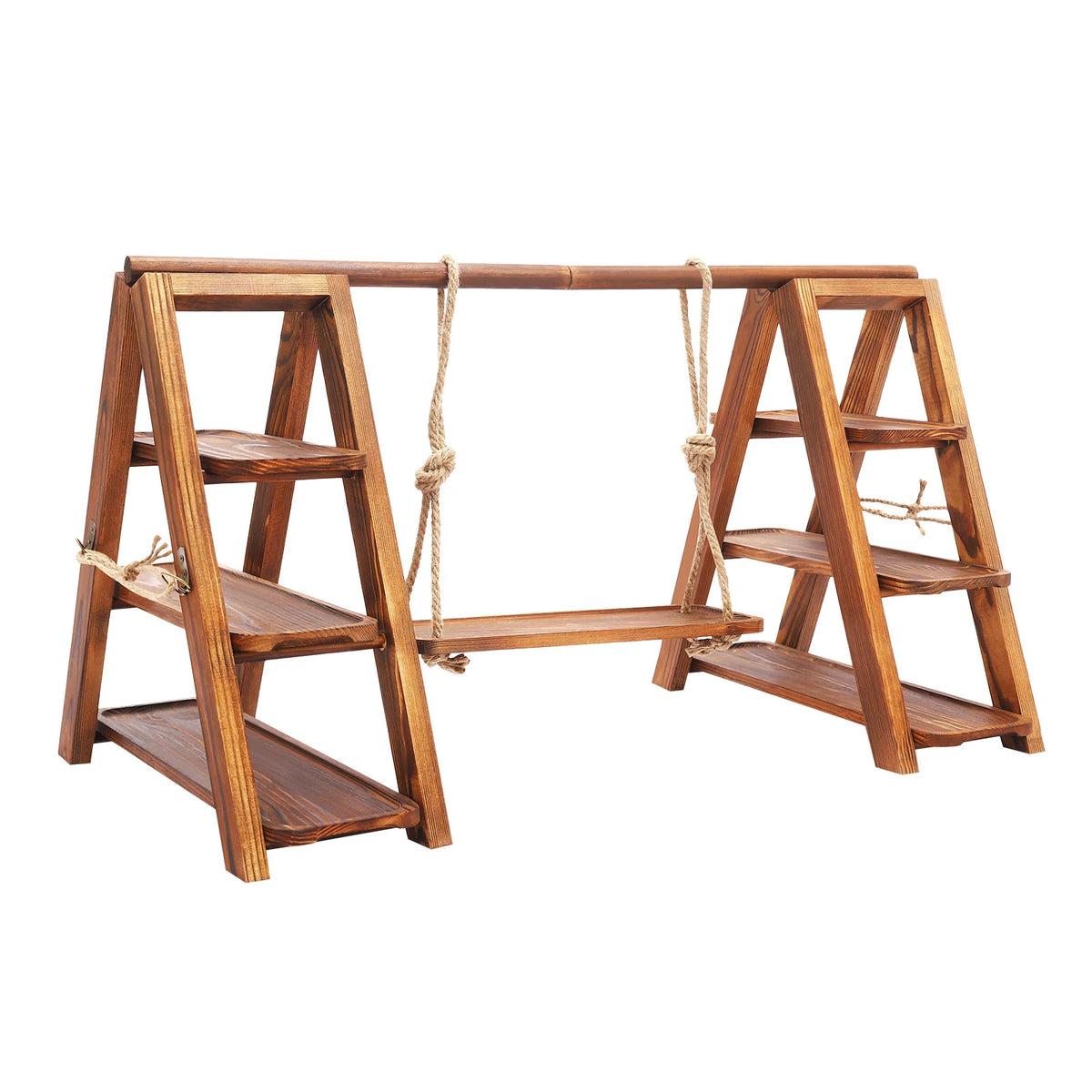 A wooden dessert display stand with three tiers, featuring a rustic rope handle for serving.