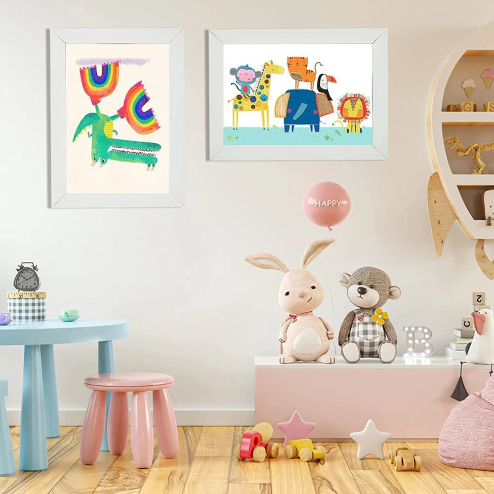 A framed art display featuring colorful illustrations of a unicorn, a giraffe, and an owl on a white background.