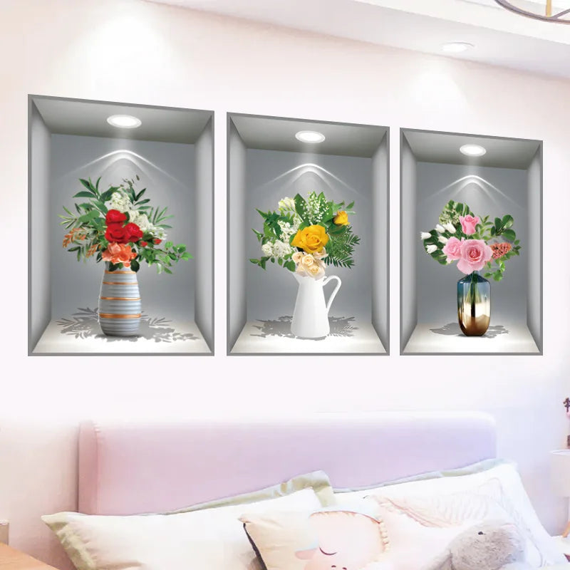 Trois images encadrées montrant des arrangements floraux pour la décoration intérieure