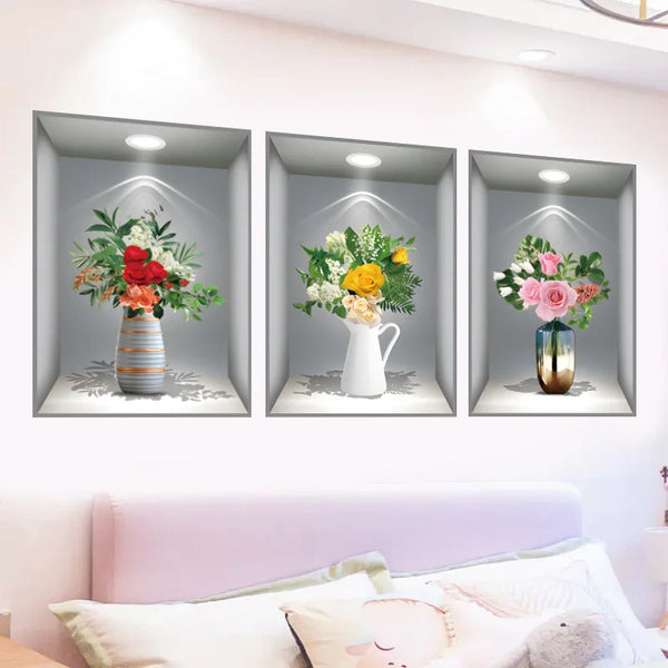 Three framed images displaying floral arrangements for home decor