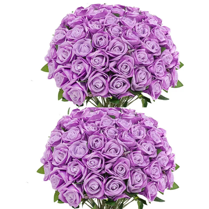 A dense bouquet of purple velvet artificial roses for weddings and home decor