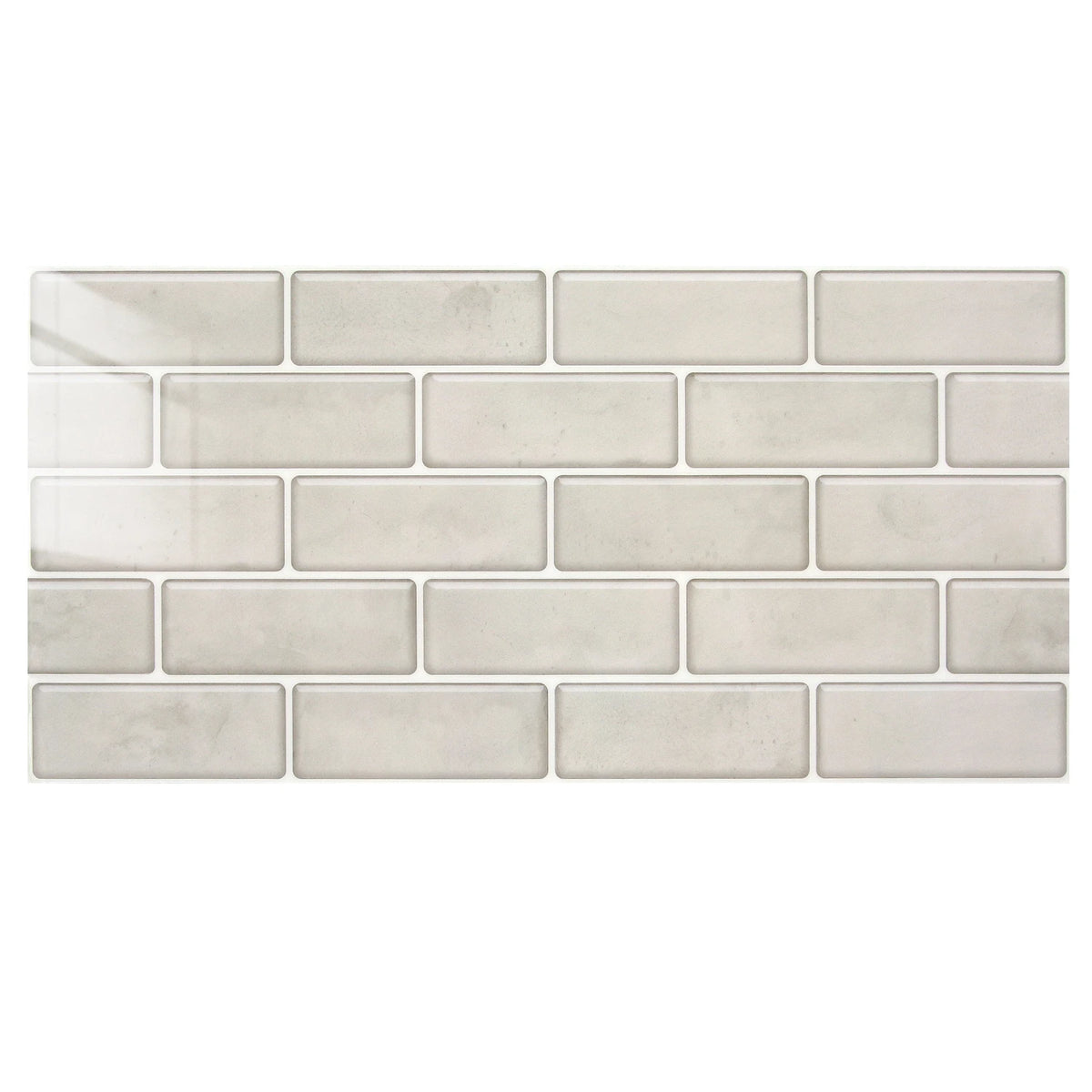 A rectangular wall of light beige glossy peel-and-stick tile stickers.