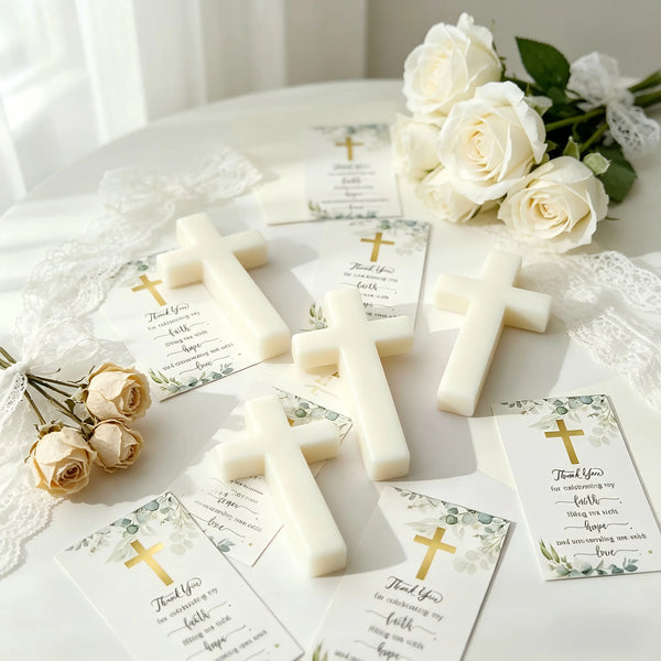 Cross-Shaped Baptism Soap Gift Set (10-Pack) with Thank-You Cards & Bags