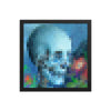 A framed piece of pixel art depicting a ghostly skull against a blue background.