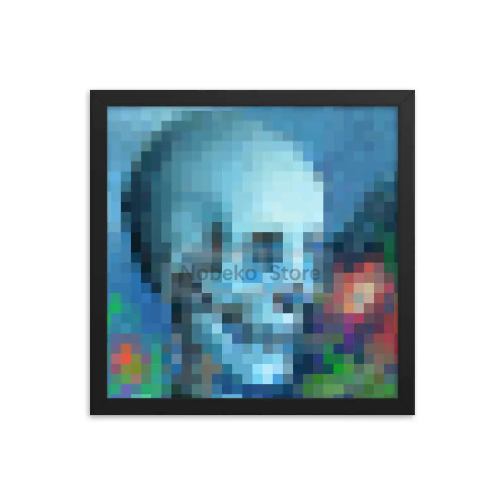 A framed piece of pixel art depicting a ghostly skull against a blue background.
