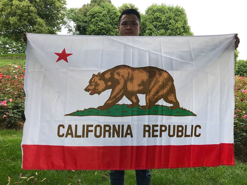 A person holds up a large white flag featuring a brown bear silhouette on green land and the text CALIFORNIA REPUBLIC.