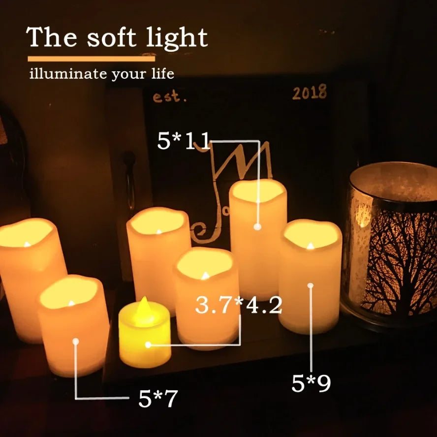 A collection of glowing yellow candles on a dark tray, illuminating the text The soft light illuminate your life.